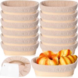 Gejoy 12 Set Bread Proofing Baskets Oval Shaped Banneton Dough Proofing Bowls Kit with Cloth Liner and Plastic Scraper Sourdough Proofing Basket for Home Sourdough Bakers Supplies (10 Inch)
