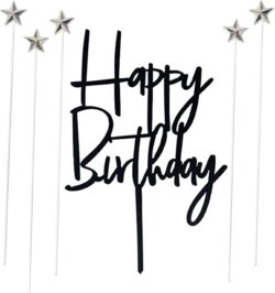 Set of 1 Black Acrylic Happy birthday Cake Topper,5 pcs silvery Star Cake Cupcake Topper(Black 1)